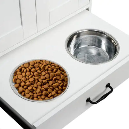 Pawfect Station Dual-Bowl Dog Feeder with Storage & Hooks – Elevated Pet Feeding Stand (White/Walnut)
