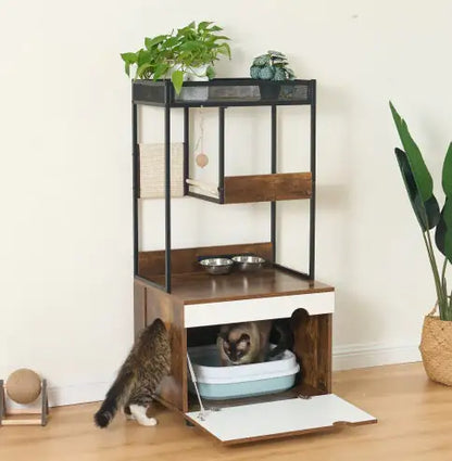 Cat Litter Box Enclosure with Cat Tree Tower – Multi-Functional Cat Cabinet & Furniture (White + Vintage)