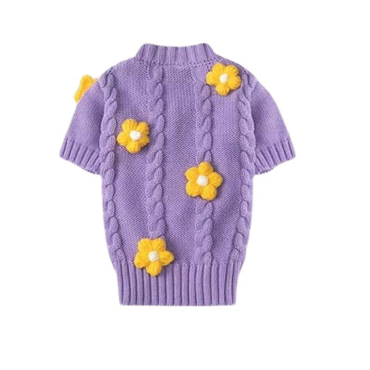Yellow Daisy Purple Dog Sweater – Soft Cotton Blend Knit with Bright Floral Pattern, Lightweight Spring Pullover for Small Dogs (XS–XL)